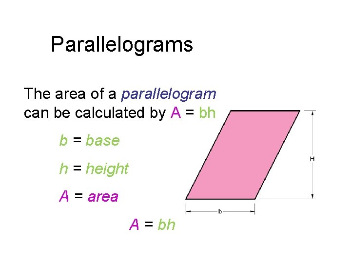 Parallelograms The area of a parallelogram can be calculated by A = bh b