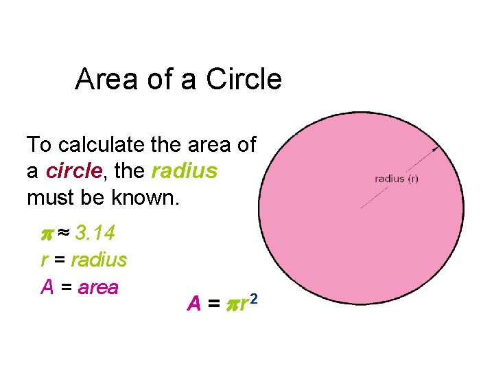 Area of a Circle To calculate the area of a circle, the radius must
