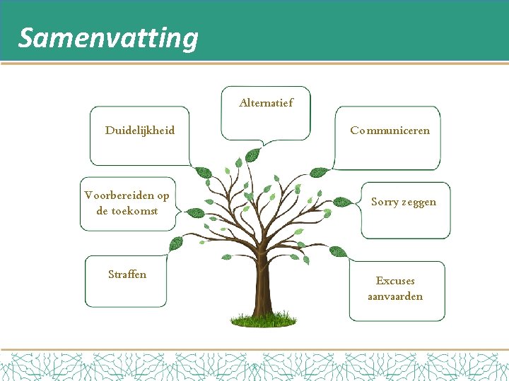 Samenvatting Alternatief Duidelijkheid Voorbereiden op de toekomst Straffen Communiceren Sorry zeggen Excuses aanvaarden 