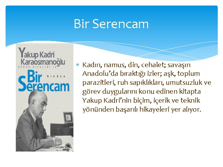 Bir Serencam Kadın, namus, din, cehalet; savaşın Anadolu’da bıraktığı izler; aşk, toplum parazitleri, ruh