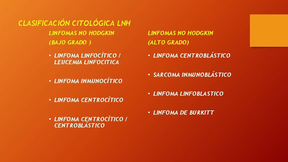 CLASIFICACIÓN CITOLÓGICA LNH LINFOMAS NO HODGKIN (BAJO GRADO ) (ALTO GRADO) • LINFOMA LINFOCÍTICO