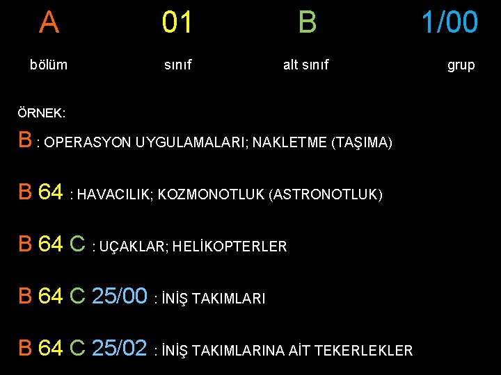 A 01 B bölüm sınıf alt sınıf ÖRNEK: B : OPERASYON UYGULAMALARI; NAKLETME (TAŞIMA) A 01 B bölüm sınıf alt sınıf ÖRNEK: B : OPERASYON UYGULAMALARI; NAKLETME (TAŞIMA)