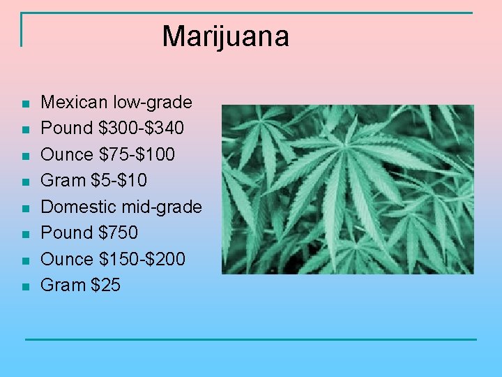 Marijuana n n n n Mexican low-grade Pound $300 -$340 Ounce $75 -$100 Gram