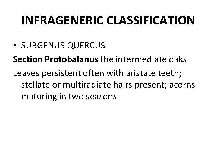 INFRAGENERIC CLASSIFICATION • SUBGENUS QUERCUS Section Protobalanus the intermediate oaks Leaves persistent often with