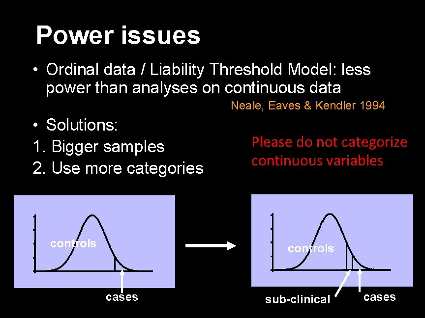 Power issues • Ordinal data / Liability Threshold Model: less power than analyses on