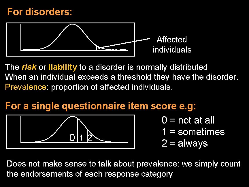 For disorders: Affected individuals The risk or liability to a disorder is normally distributed