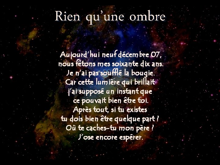 Rien qu’une ombre Aujourd’hui neuf décembre 07, nous fêtons mes soixante dix ans. Je