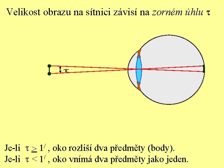 Velikost obrazu na sítnici závisí na zorném úhlu t Je-li t 1/ , oko