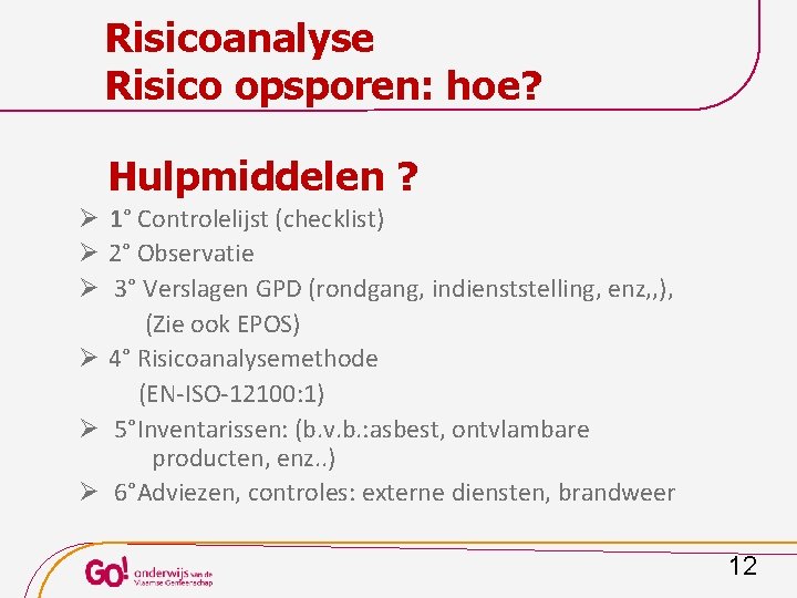 Risicoanalyse Risico opsporen: hoe? Hulpmiddelen ? Ø 1° Controlelijst (checklist) Ø 2° Observatie Ø