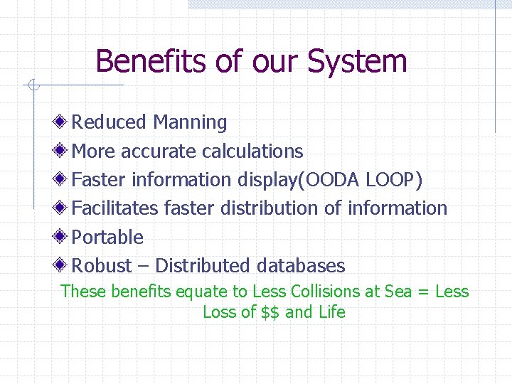 Benefits of our System Reduced Manning More accurate calculations Faster information display(OODA LOOP) Facilitates