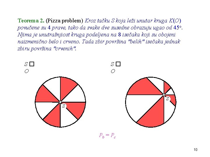 Teorema 2. (Pizza problem) Kroz tačku S koja leži unutar kruga K(O) povučene su