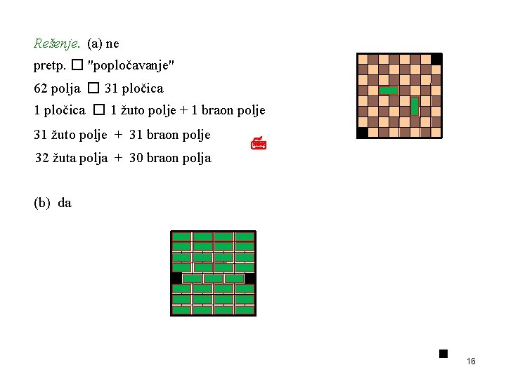 Rešenje. (a) ne pretp. � "popločavanje" 62 polja � 31 pločica � 1 žuto