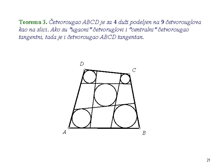 Teorema 3. Četvorougao ABCD je sa 4 duži podeljen na 9 četvorouglova kao na