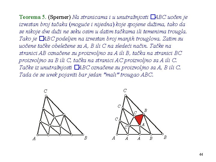 Teorema 5. (Sperner) Na stranicama i u unutrašnjosti �ABC uočen je izvestan broj tačaka