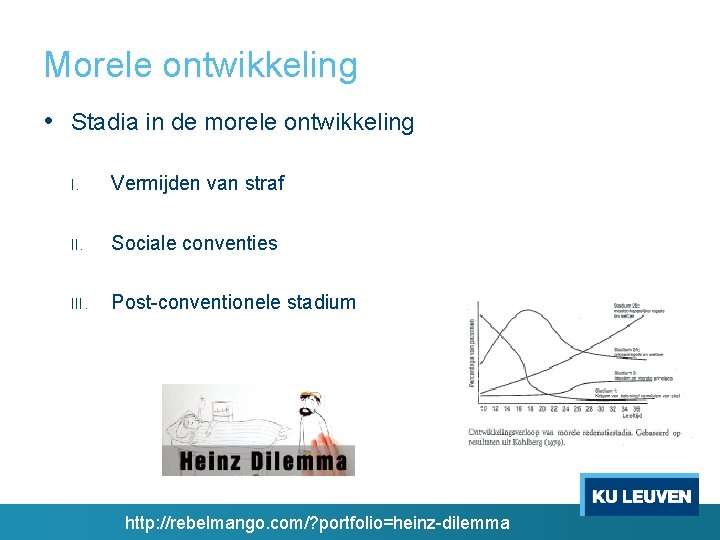 Morele ontwikkeling • Stadia in de morele ontwikkeling I. Vermijden van straf II. Sociale