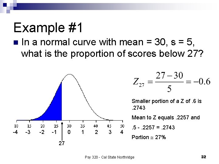 Example #1 n In a normal curve with mean = 30, s = 5,