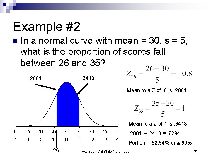 Example #2 n In a normal curve with mean = 30, s = 5,