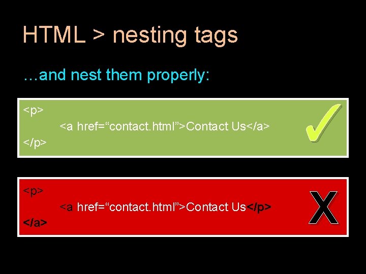 HTML > nesting tags …and nest them properly: <a href=“contact. html”>Contact Us</a> ✓ <a