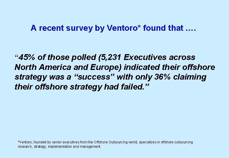 A recent survey by Ventoro* found that …. “ 45% of those polled (5,
