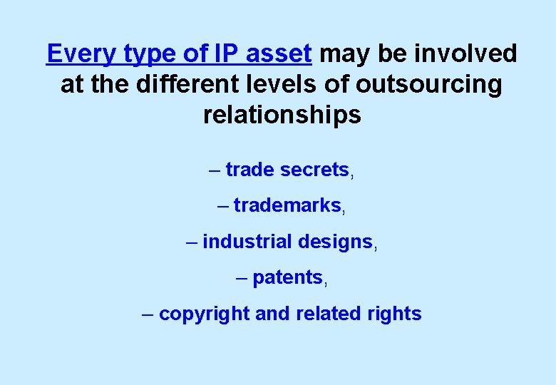 Every type of IP asset may be involved at the different levels of outsourcing