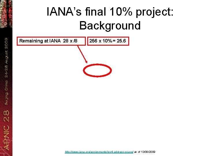 IANA’s final 10% project: Background Remaining at IANA 28 x /8 256 x 10%