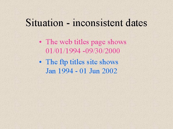 Situation - inconsistent dates • The web titles page shows 01/01/1994 -09/30/2000 • The