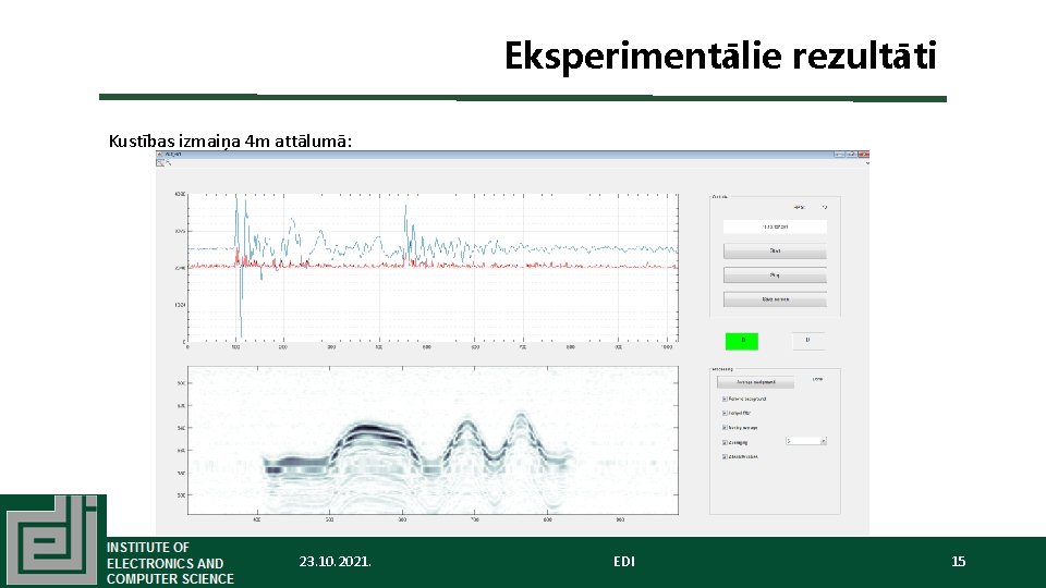 Eksperimentālie rezultāti Kustības izmaiņa 4 m attālumā: 23. 10. 2021. EDI 15 