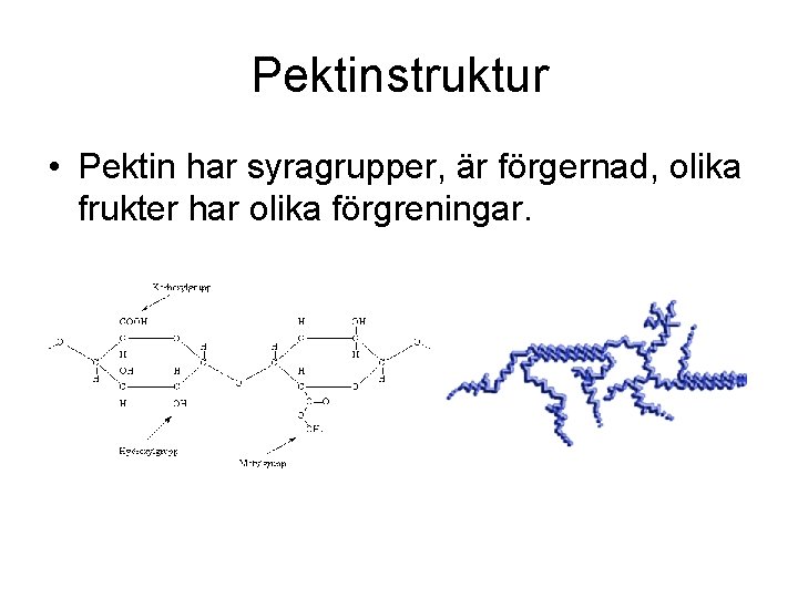 Pektinstruktur • Pektin har syragrupper, är förgernad, olika frukter har olika förgreningar. 