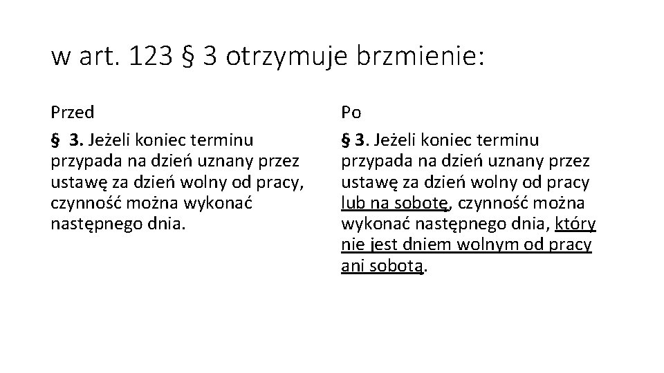 w art. 123 § 3 otrzymuje brzmienie: Przed § 3. Jeżeli koniec terminu przypada