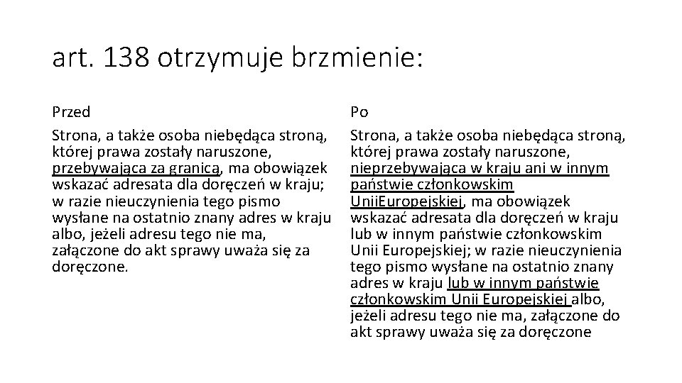 art. 138 otrzymuje brzmienie: Przed Strona, a także osoba niebędąca stroną, której prawa zostały