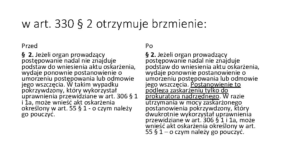 w art. 330 § 2 otrzymuje brzmienie: Przed § 2. Jeżeli organ prowadzący postępowanie