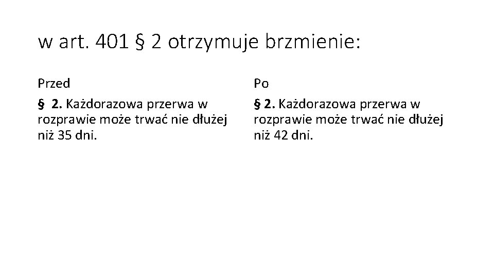 w art. 401 § 2 otrzymuje brzmienie: Przed § 2. Każdorazowa przerwa w rozprawie