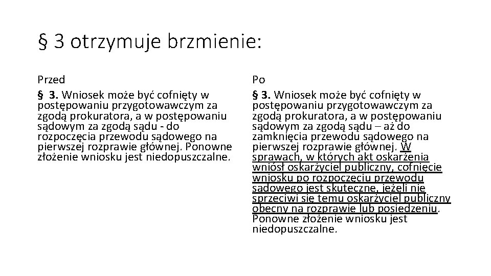 § 3 otrzymuje brzmienie: Przed § 3. Wniosek może być cofnięty w postępowaniu przygotowawczym