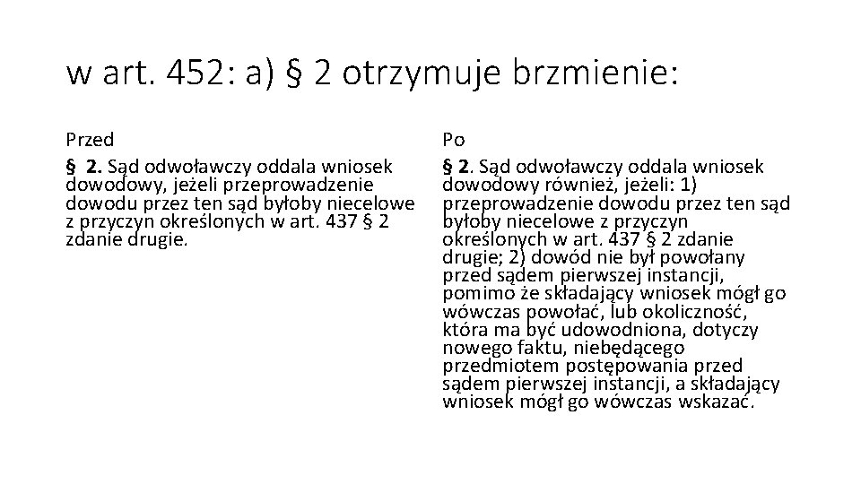 w art. 452: a) § 2 otrzymuje brzmienie: Przed § 2. Sąd odwoławczy oddala