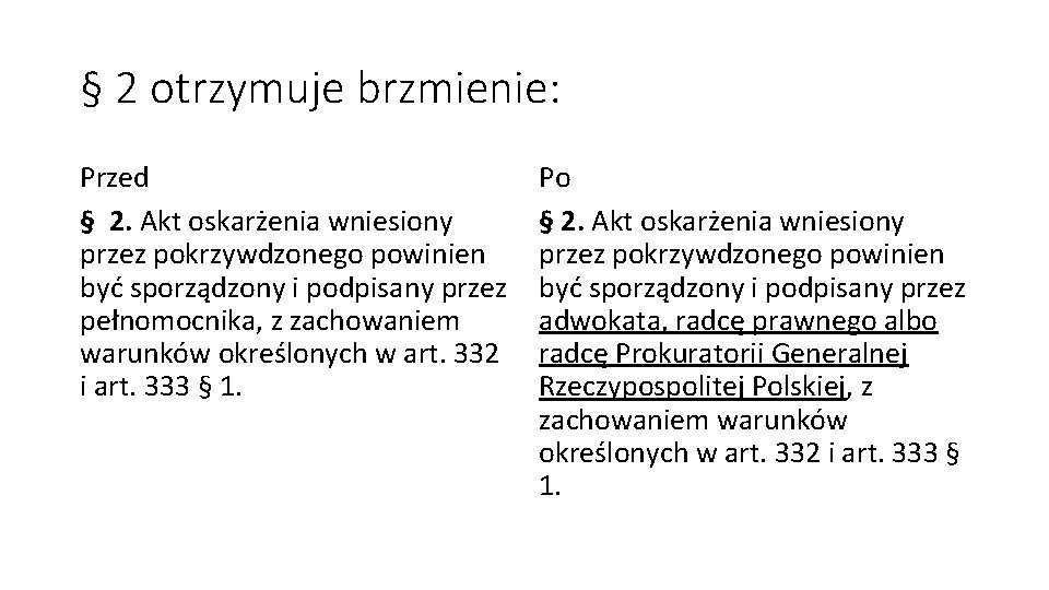 § 2 otrzymuje brzmienie: Przed § 2. Akt oskarżenia wniesiony przez pokrzywdzonego powinien być