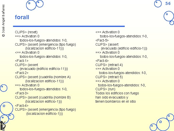 © José Angel Bañares 56 forall CLIPS> (reset) ==> Activation 0 todos-los-fuegos-atendidos: f-0, CLIPS>