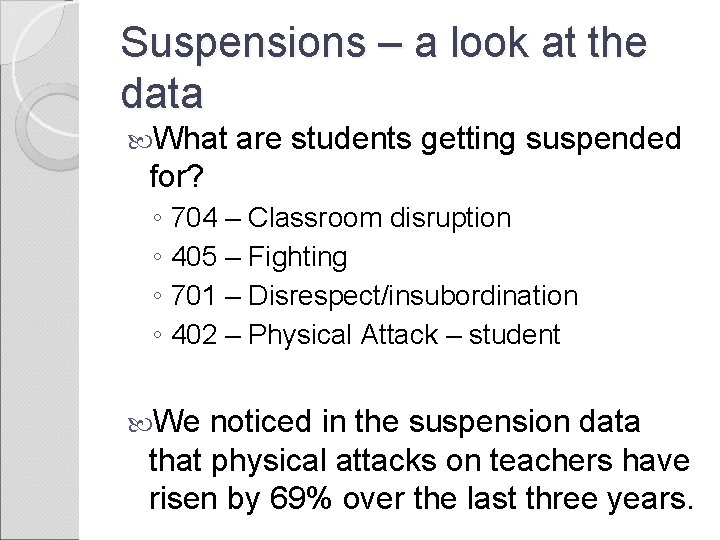 Suspensions – a look at the data What are students getting suspended for? ◦