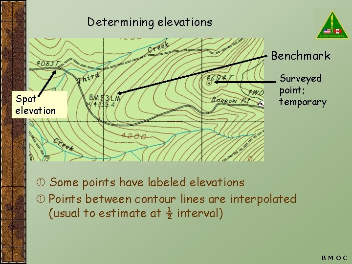 Determining elevations Benchmark Spot elevation Surveyed point; temporary Some points have labeled elevations Points