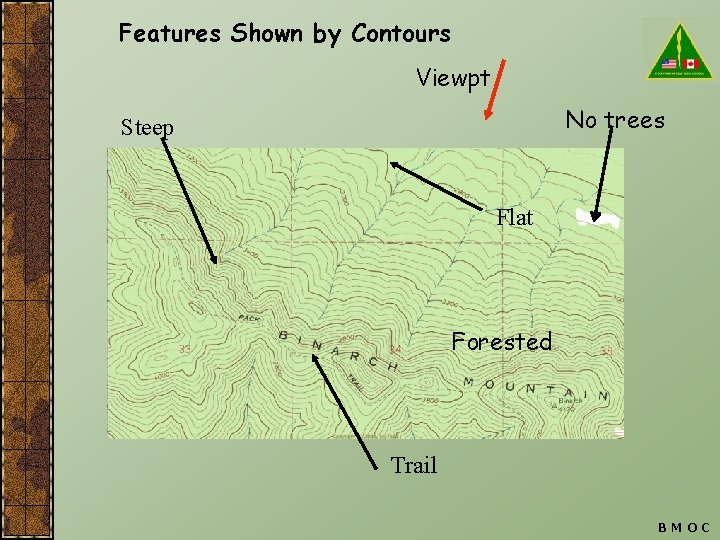 Features Shown by Contours Viewpt No trees Steep Flat Forested Trail BMOC 