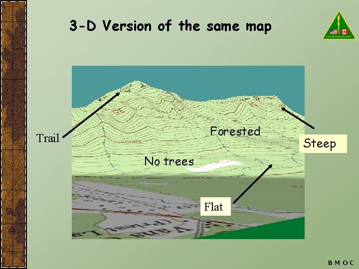 3 -D Version of the same map Forested Trail Steep No trees Flat BMOC