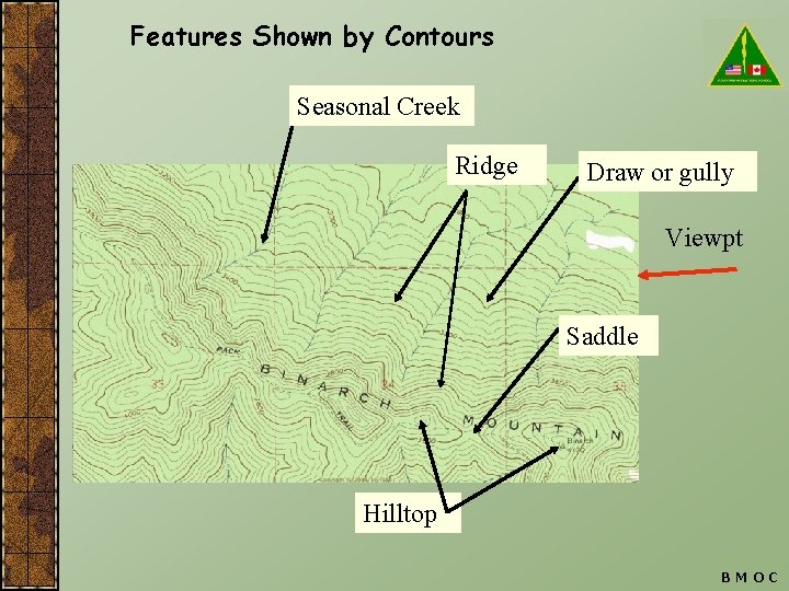 Features Shown by Contours Seasonal Creek Ridge Draw or gully Viewpt Saddle Hilltop BMOC