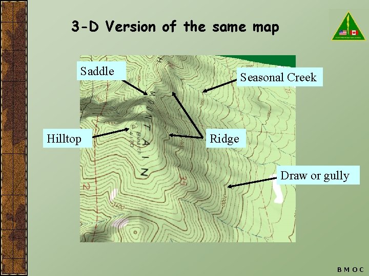 3 -D Version of the same map Saddle Hilltop Seasonal Creek Ridge Draw or