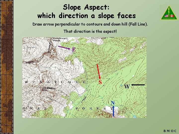 Slope Aspect: which direction a slope faces Draw arrow perpendicular to contours and down