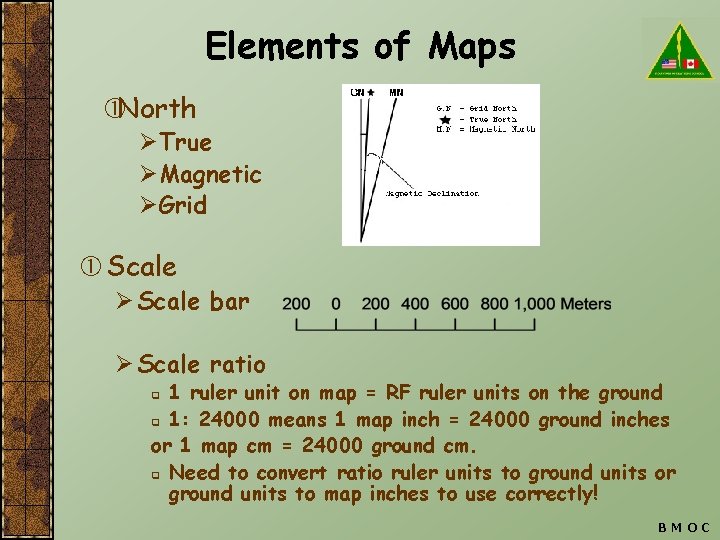 Elements of Maps North ØTrue ØMagnetic ØGrid Scale Ø Scale bar Ø Scale ratio