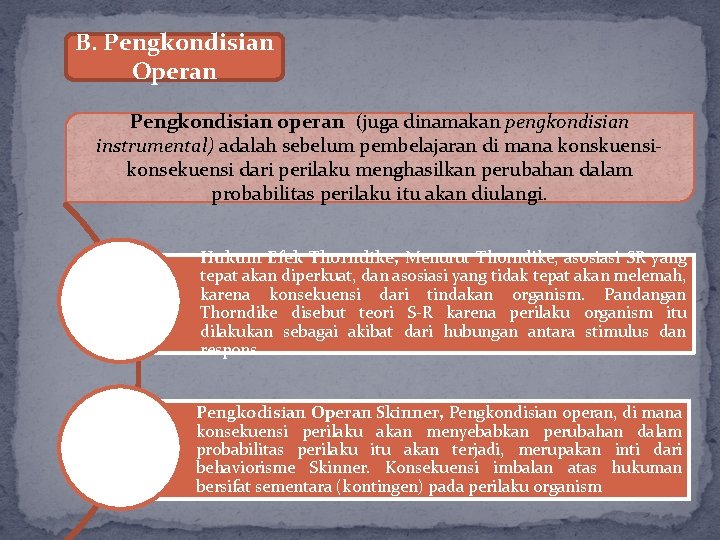 B. Pengkondisian Operan Pengkondisian operan (juga dinamakan pengkondisian instrumental) adalah sebelum pembelajaran di mana B. Pengkondisian Operan Pengkondisian operan (juga dinamakan pengkondisian instrumental) adalah sebelum pembelajaran di mana