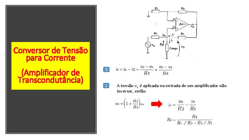 Conversor de Tensão para Corrente (Amplificador de Transcondutância) 1 2 A tensão vs é