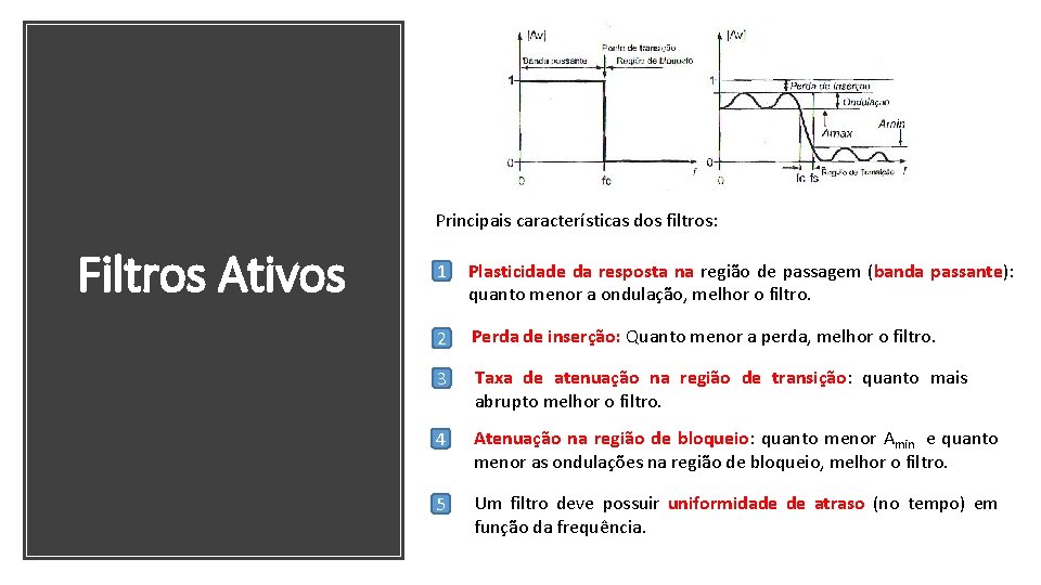 Principais características dos filtros: Filtros Ativos 1 Plasticidade da resposta na região de passagem