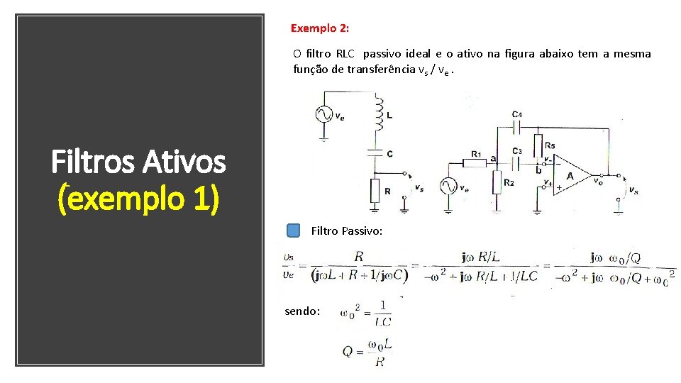 Exemplo 2: O filtro RLC passivo ideal e o ativo na figura abaixo tem