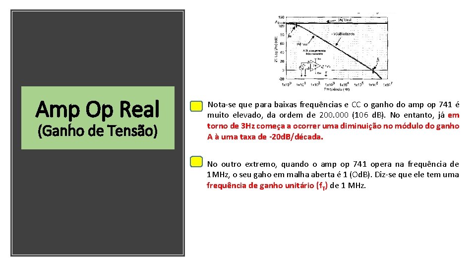 Amp Op Real (Ganho de Tensão) Nota-se que para baixas frequências e CC o