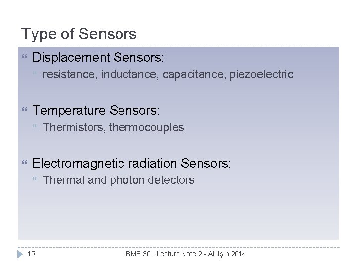 Type of Sensors Displacement Sensors: Temperature Sensors: resistance, inductance, capacitance, piezoelectric Thermistors, thermocouples Electromagnetic